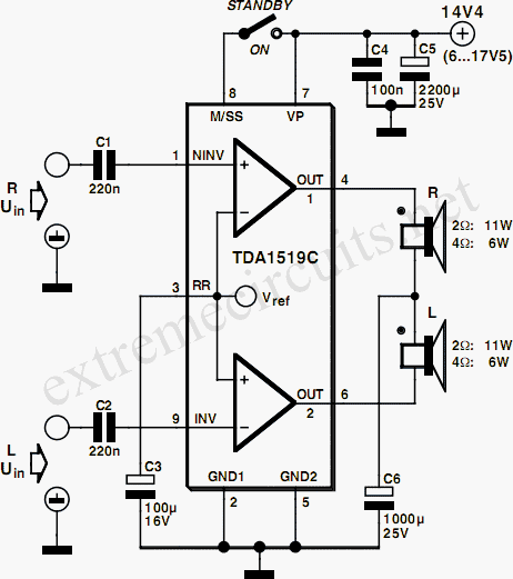 11W Stereo/22W Mono Power Amp Using TDA1519C Circuit Diagram